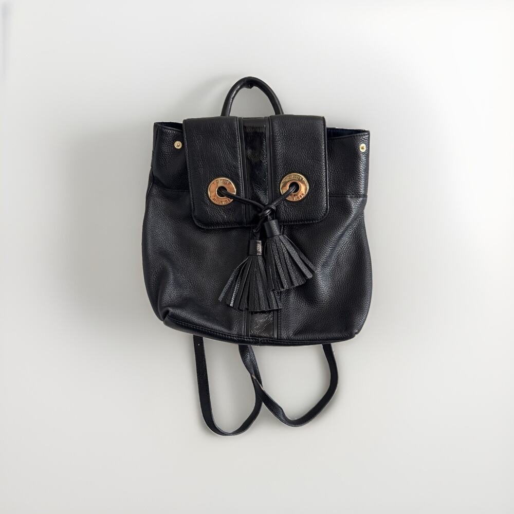 Tommy Hilfiger Leather Black Backpack Gold Hardware Classic Inner Pockets Tassle